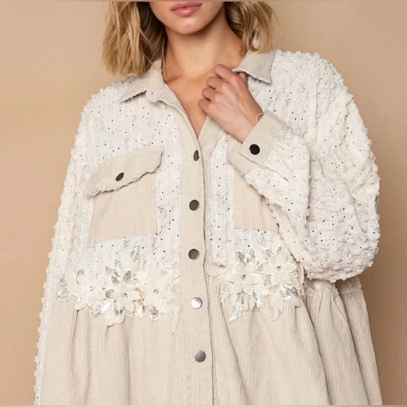 NEW POL Corduroy Beige Oversized Button Down Shacket Jacket Size Small - Picture 3 of 6